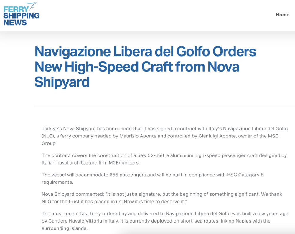 Navigazione Libera del Golfo Orders New High-Speed Craft from Nova Shipyard